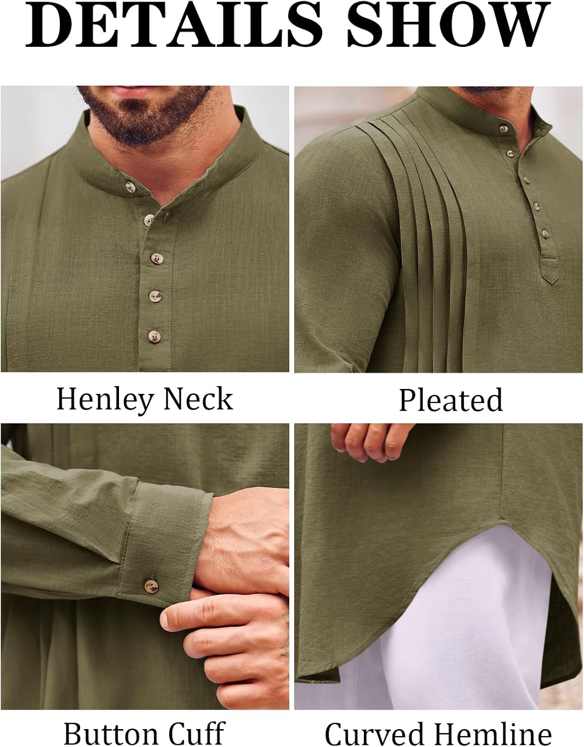 Runcati Mens Kaftan Thobe Cotton Linen Henley Shirt Long Sleeve Robe Casual Muslim Gown Kurta - Image 5