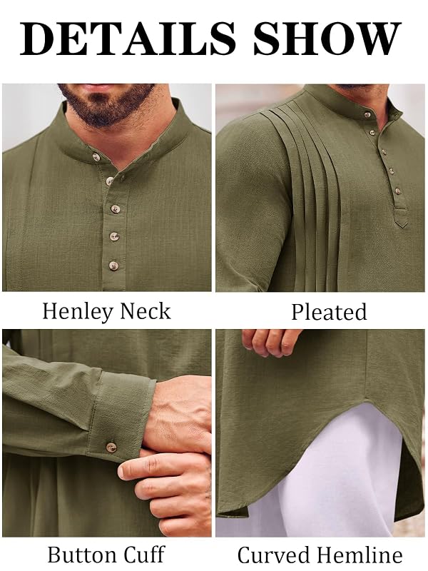 Runcati Mens Kaftan Thobe Cotton Linen Henley Shirt Long Sleeve Robe Casual Muslim Gown Kurta Army Green by Runcati - Image 5