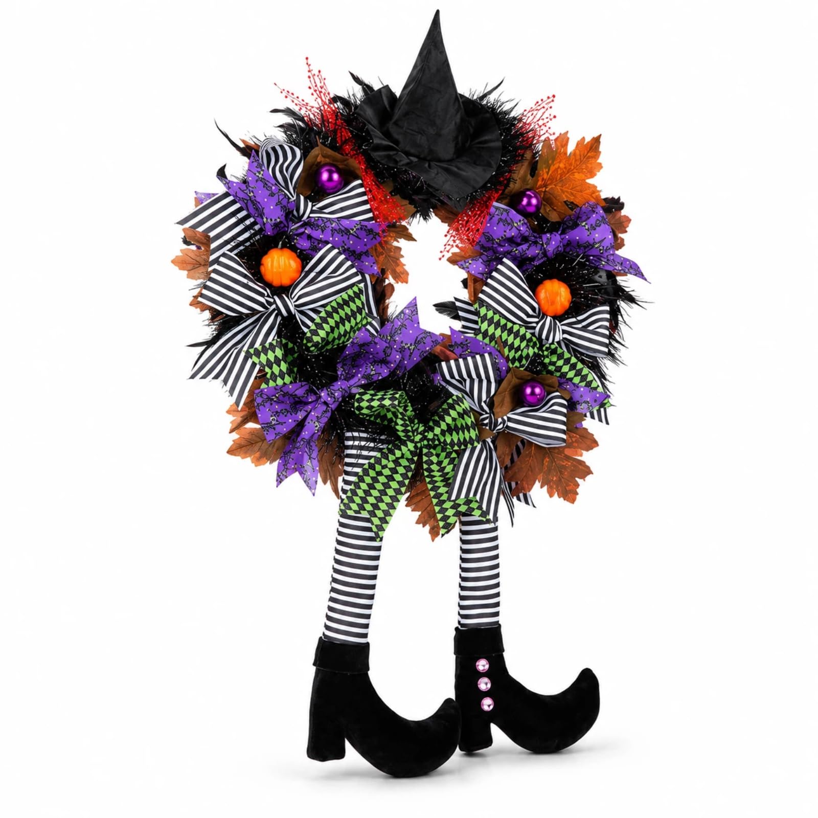 Halloween Wreath, Witch Hat and Legs Door Decoration with Pumpkin Garland