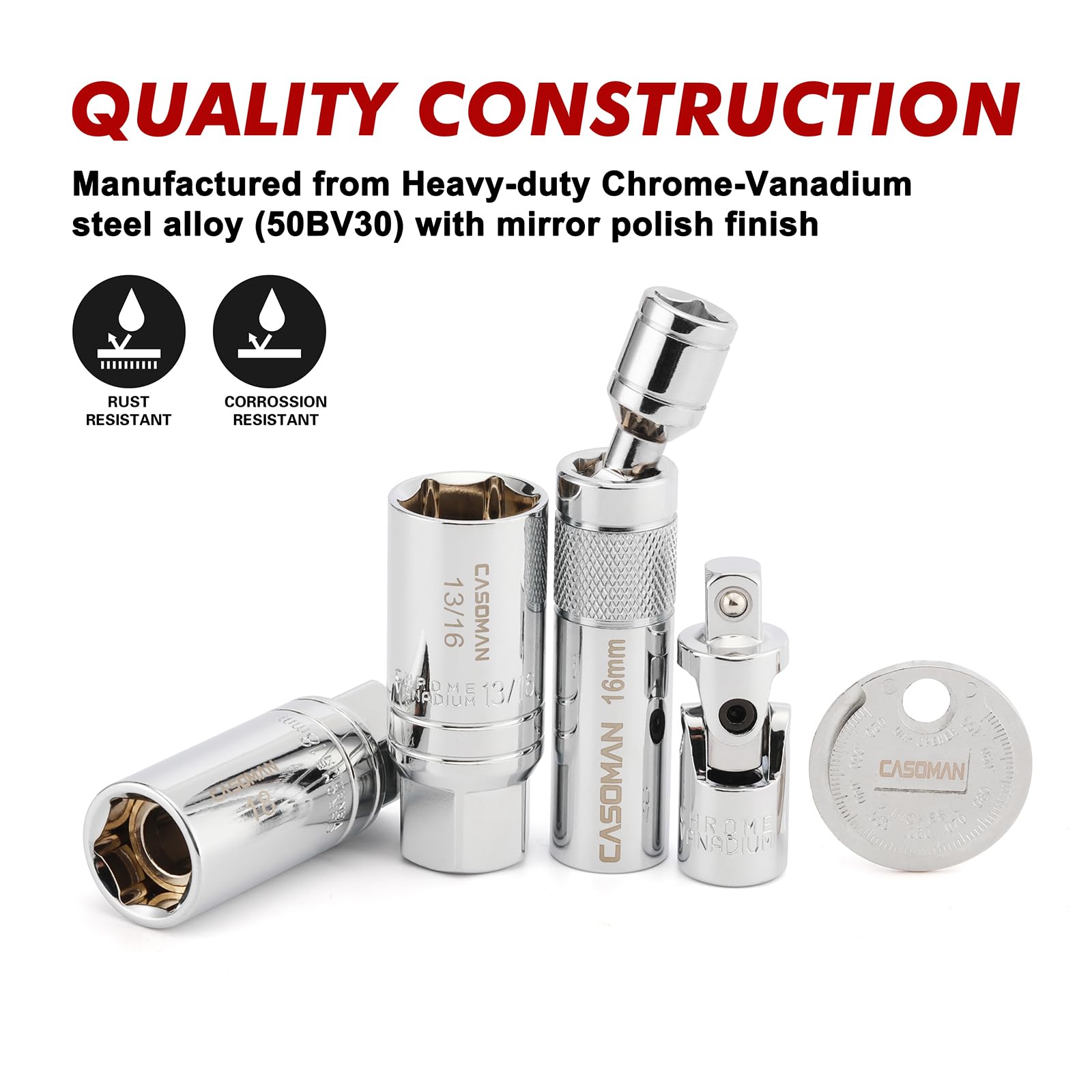 CASOMAN Set di 10 chiavi magnetiche per candele di accensione da 3/8", 6PT e 12PT, include barra di estensione, giunto unviersal e gap per candela, acciaio CR-V