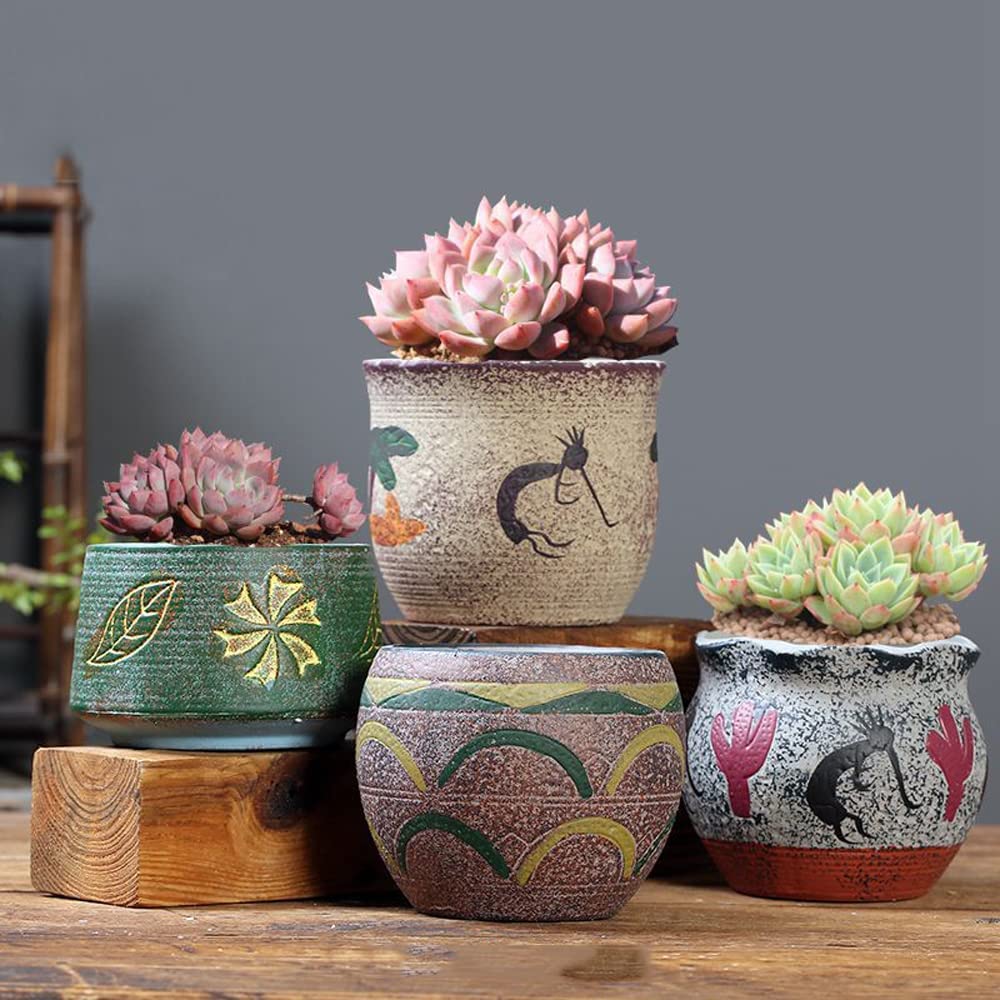 Zestaw 4 donic ceramicznych do domu wiejskiego na zewnątrz, 3,9/4 cala, doniczka z kaktusem ręcznie malowana Afryka porcelana słoik Turcja maroko pojemnik, parapet biurowy ogrodnictwo soczyste