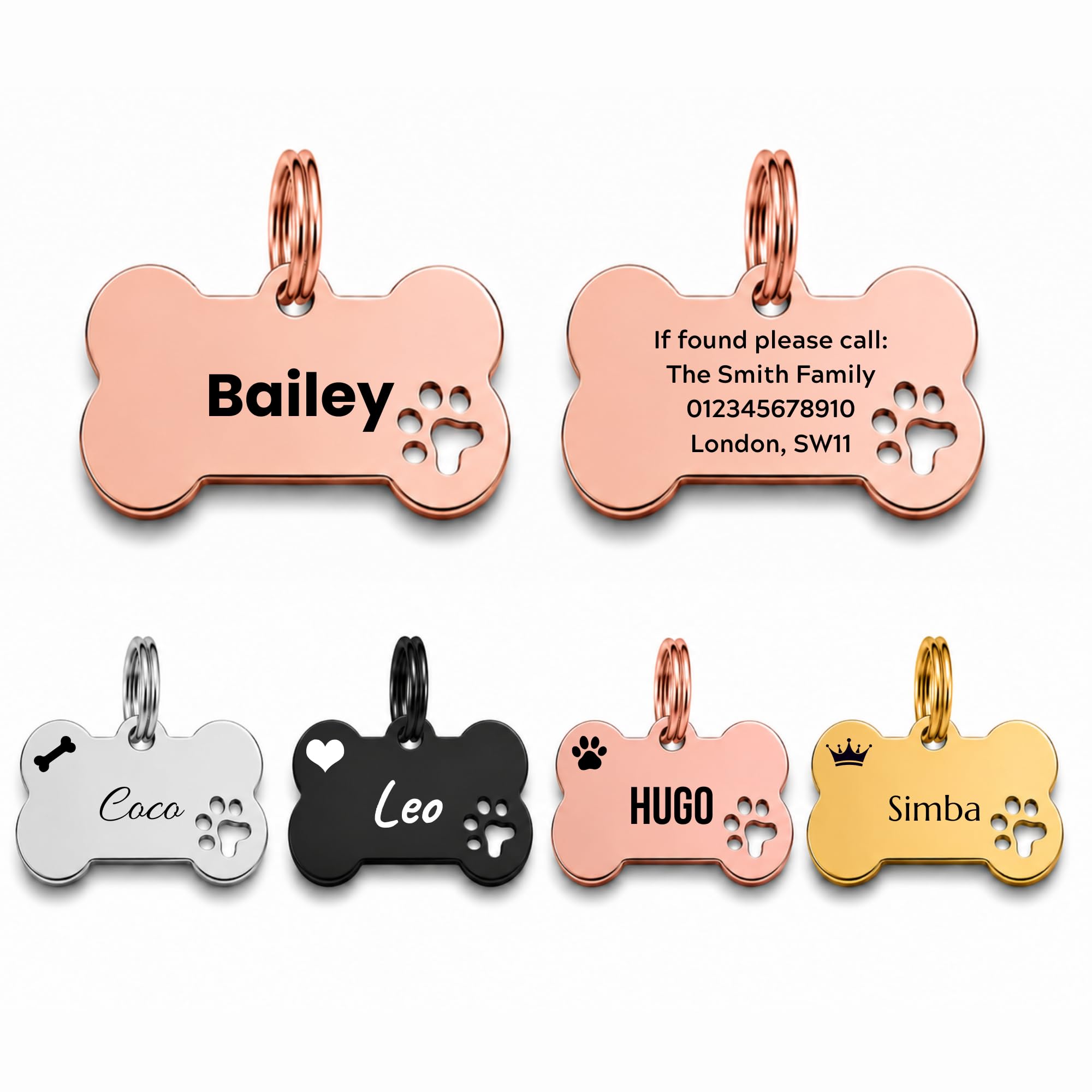 Personalised Stainless Steel Dog Tag – Rose Gold Bone Pet ID Tag – Large 35mm