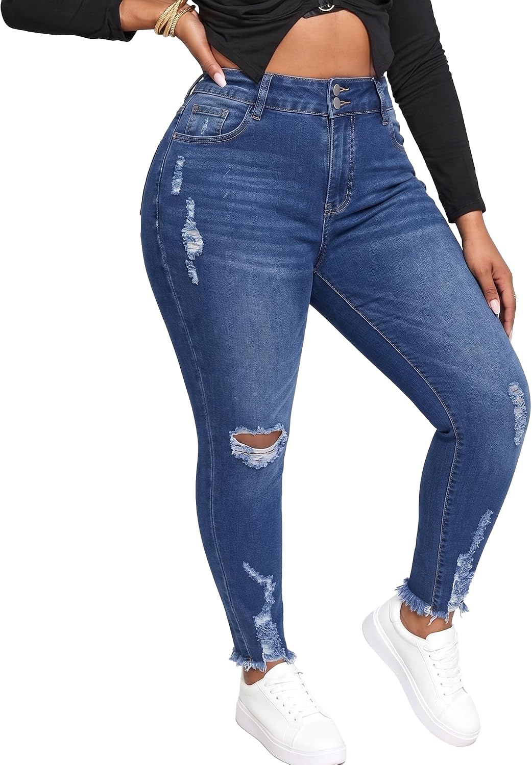 Gocolloa Womens Plus Size Skinny Jeans Stretchy High Waisted Ripped Distressed Ankle Jean