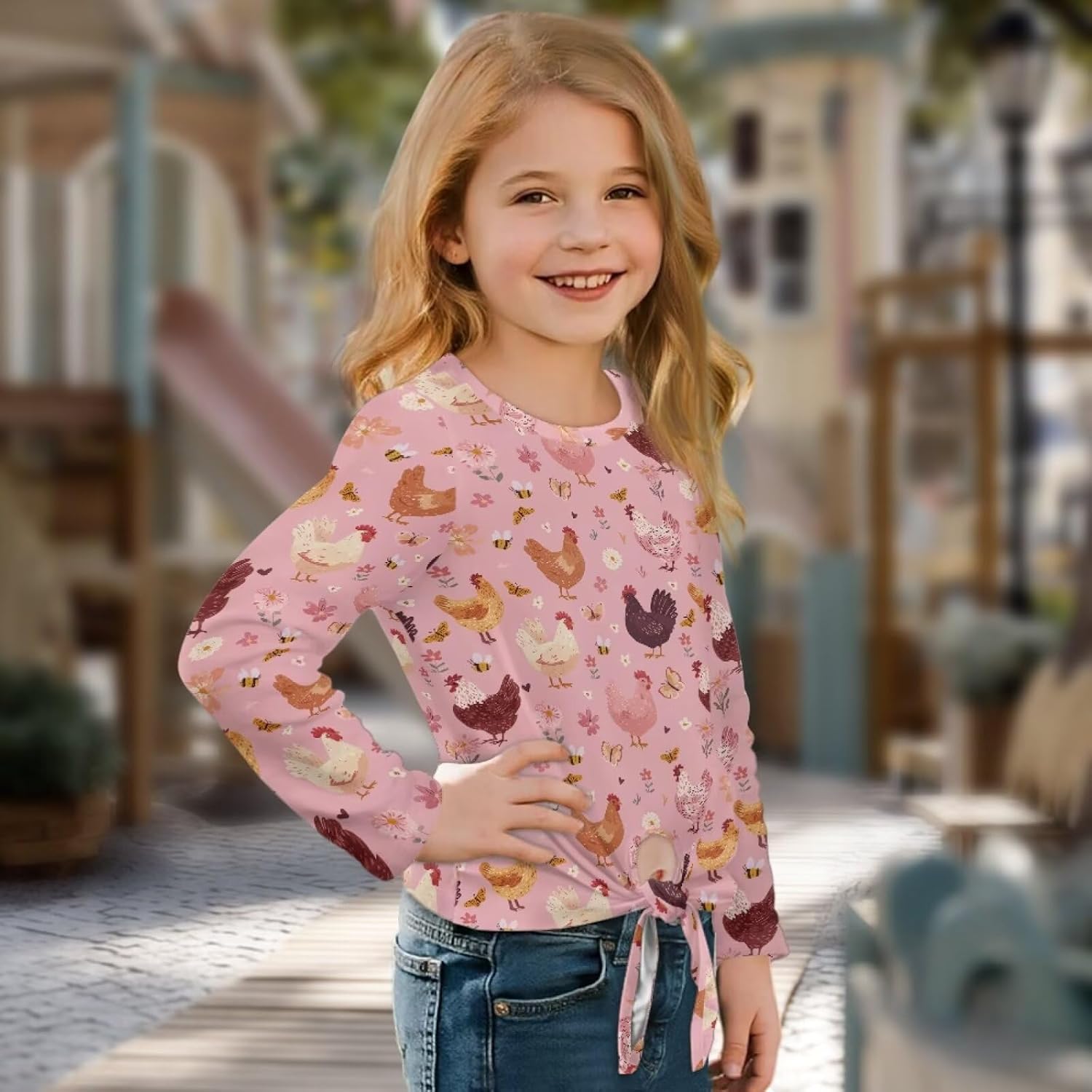 Long Sleeve Crew Neck Shirts Girls Sweatshirt Casual Kids Blouse Soft Tie Front Knot Child Tees Size 5-12