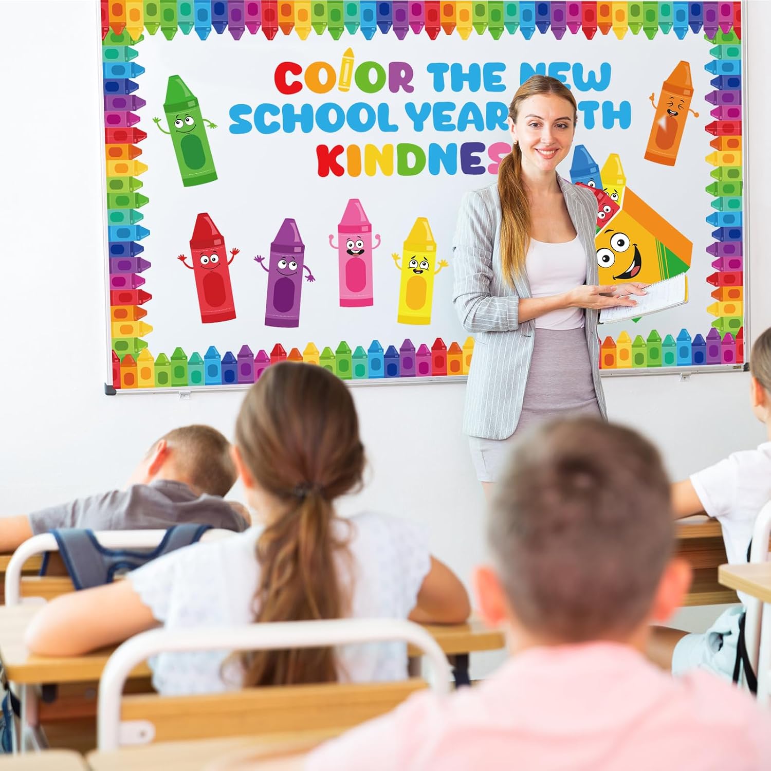 Kepeel Back to School Bulletin Board Decorations Set, Crayon Themed Classroom Decor Colorful Crayons Name Tags Cutouts Welcome to Our Pack Crayon Bulletin Board for School Door Window Wall Decor