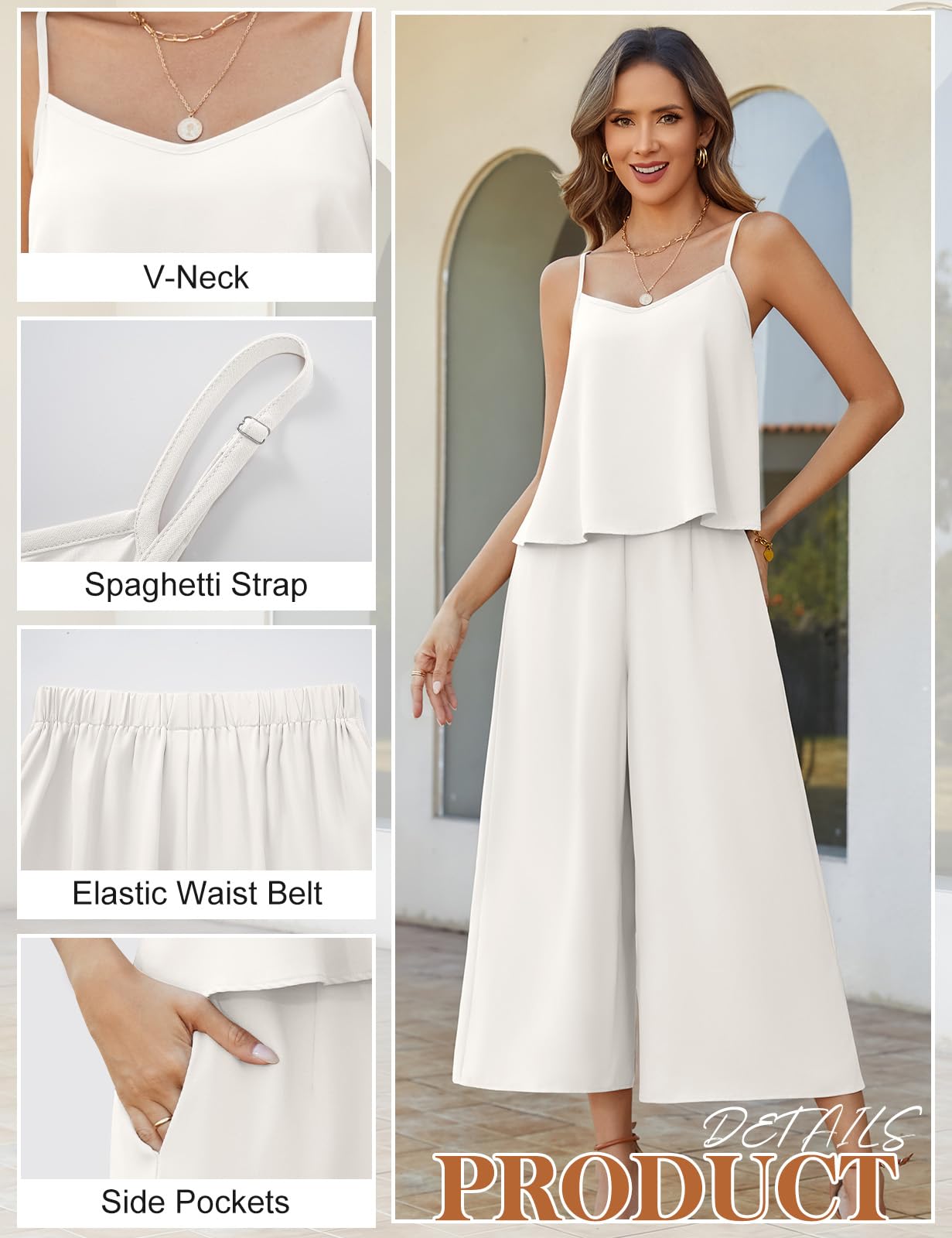 Set di 2 pezzi, da donna, estivo, elegante, fluente, con tasche, per il tempo libero, 2 pezzi