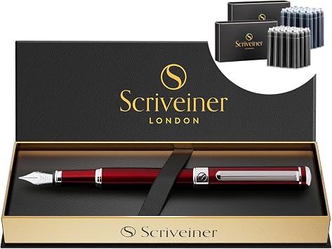 Scriveiner Deep Crimson Red Fountain Pen - Stunning Luxury Pen with Chrome Finish, Schmidt Nib Fine, Bundle with Fountain Pen Ink Cartridges - Black & Blue - 20 Standard International each box
