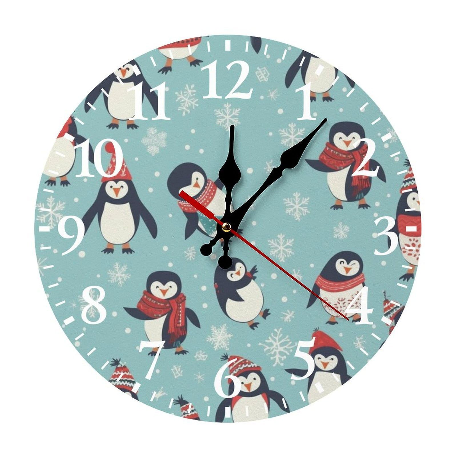 NTVOWPZO 10 Inch Wall Clock Winter Christmas Penguins Battery Operated Wall Clocks Silent Non-Ticking Round Wall Clock for Living Room Kitchen Home Office Wall Decorative Clock