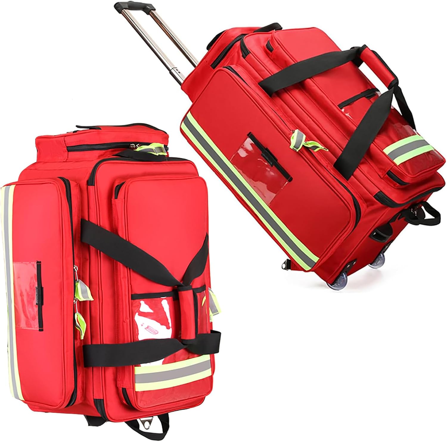 Medical Bag on Wheels, Large Capacity Trauma Responder, 1800D Oxford Cloth, Multi-Pocket Interior, Non-Slip Feet, Reflective Strips for Health Professionals