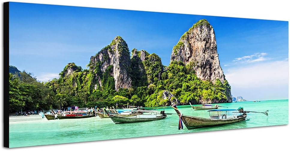 Wall Picture on Canvas as Panorama in 150 x 50 cm Thailand Sea Beach Rock Boats