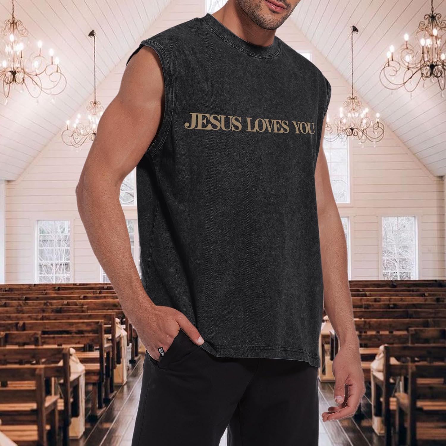 Jesus Loves You Mens Graphic Tank Tops Christian Sleeveless Cut Off Muscle Shirts Gym Workout Tank Acid Wash Tshirt - Image 4
