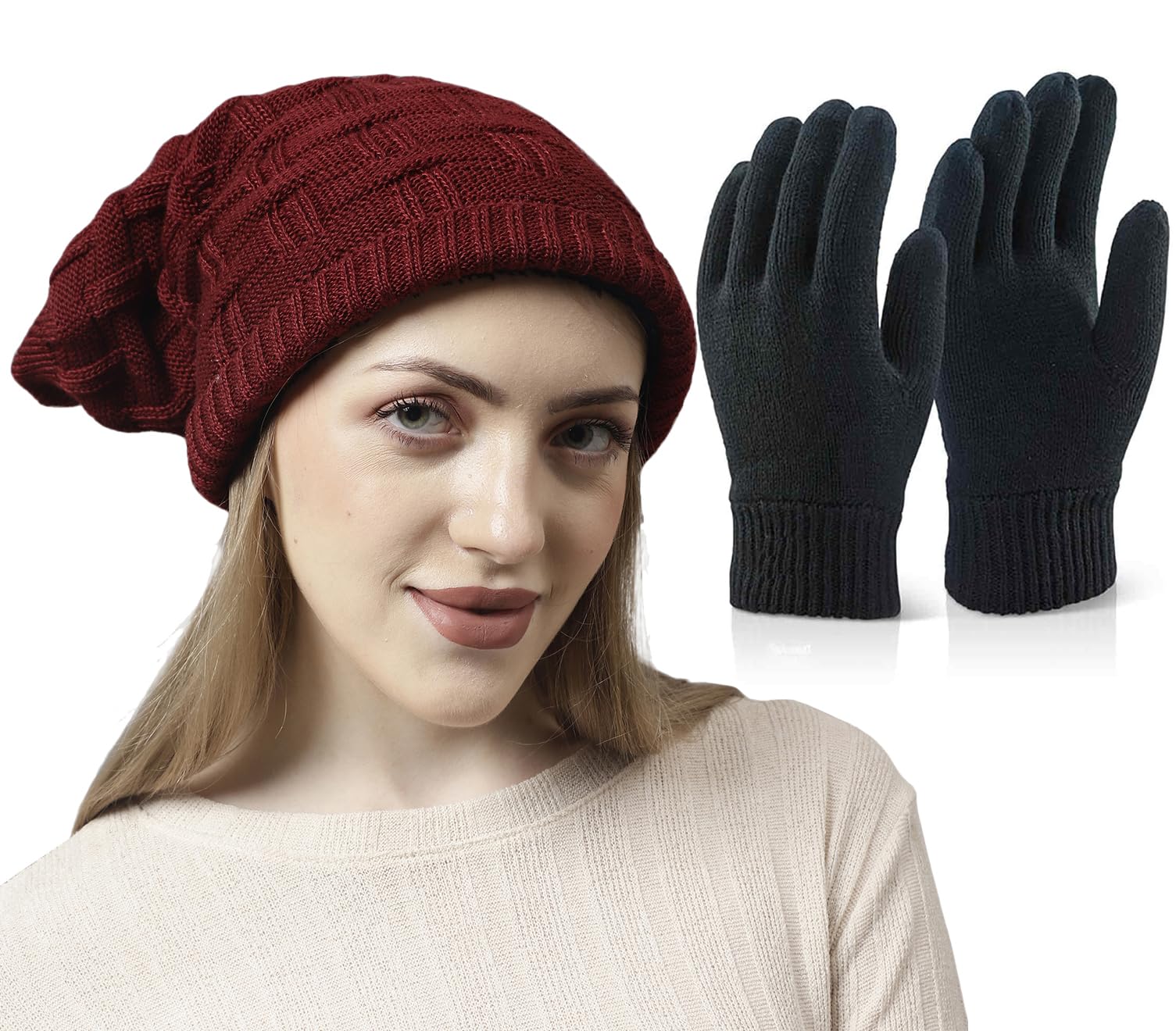 Set of Snow Proof Inside Fur Acro Wool Unisex Beanie Cap Knit Hat Thick Fleece Lined Winter Cap and Gloves for Men & Women, Free Size