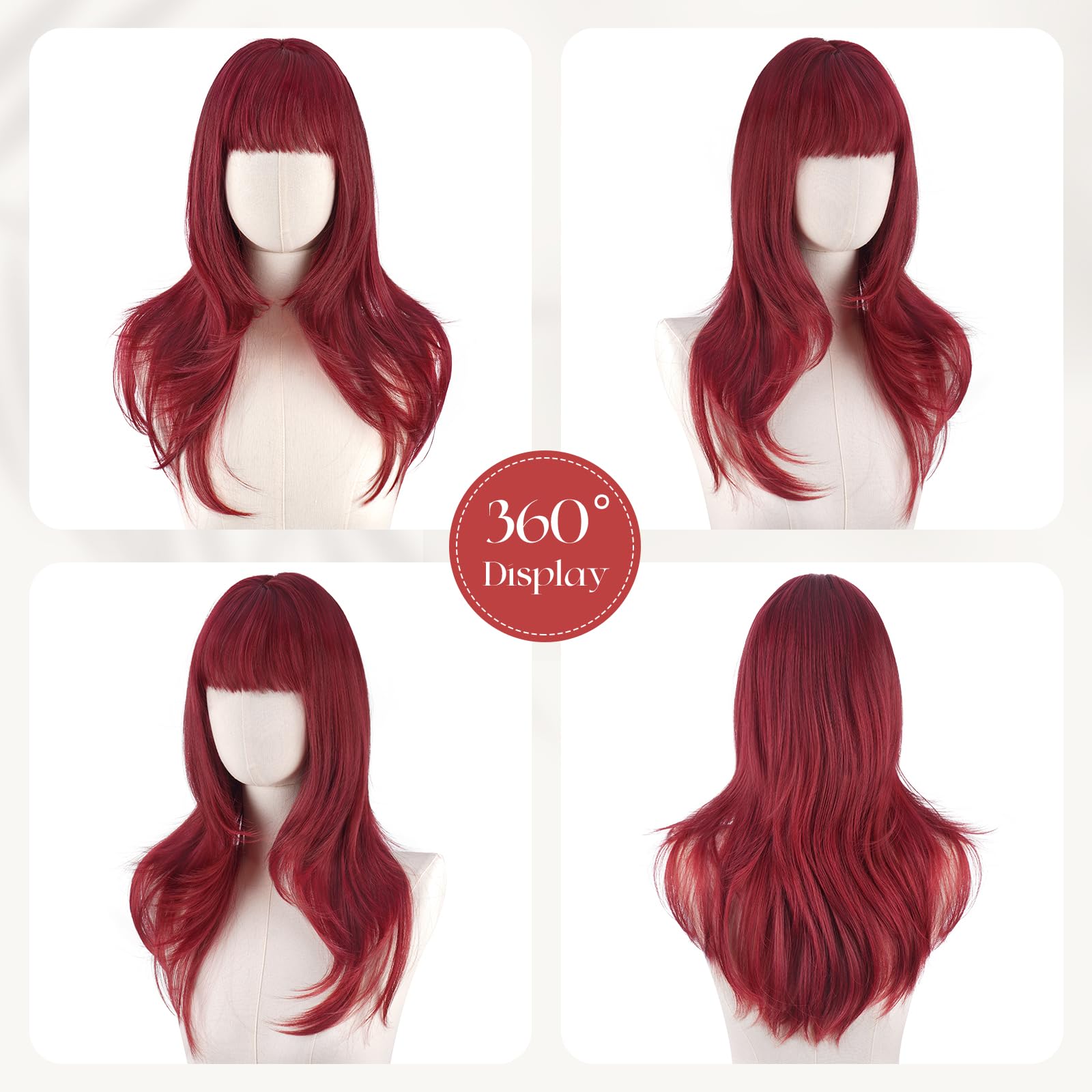 Sofeiyan Parrucche Lunga Layered Con Frange Lisci per Donna,Parrucche Sintetiche Resistenti al Calore Naturale Dritta Parrucche con Frangia per Halloween/Party,60 cm Rosso