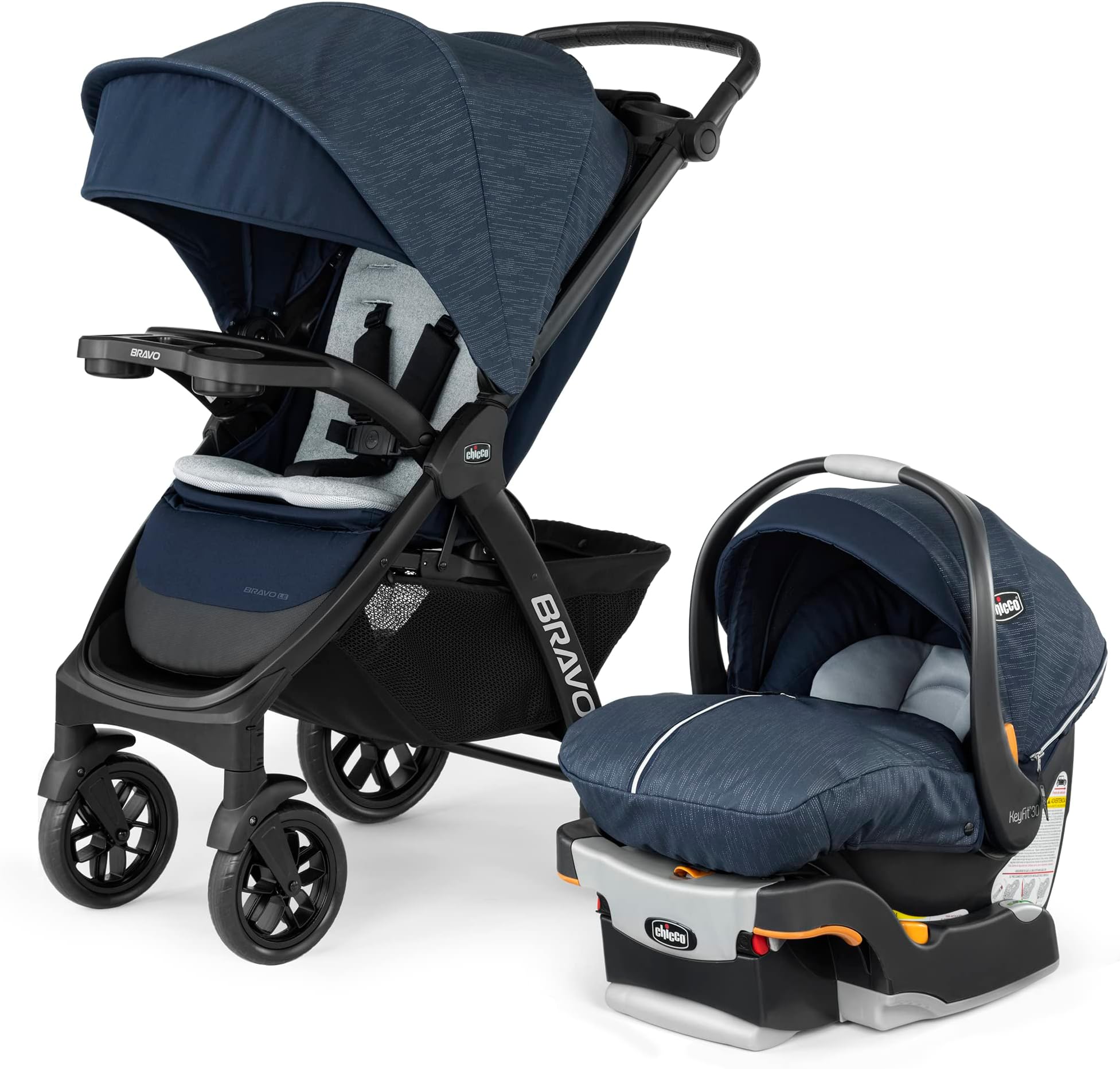 Chicco Bravo LE 3-in-1 Trio Travel System, Bravo LE Quick-Fold Stroller with KeyFit 30 Zip Infant Car Seat and Base, Harbor/Navy