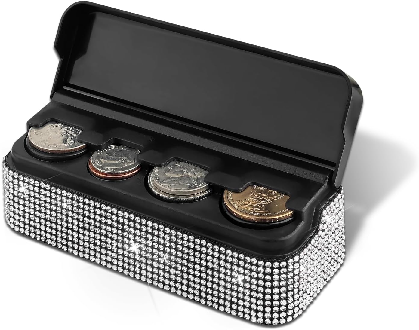HAOBO Bling Coin Holder for Car, Car Change Holder, Car Coin Organizer Compatible with Coins of Different Sizes, Car Accessories Universal Auto Coin Organizer Money Dispenser Fit Vehicles (White)