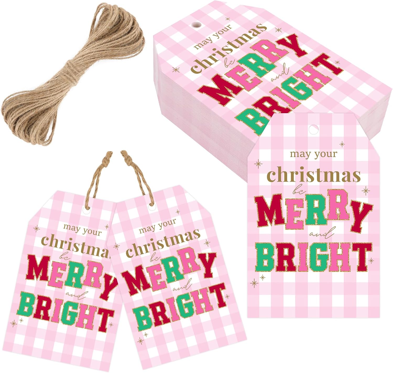 joycraft 50Pcs Christmas Tags with String - 3.3x2.1 in Pink Plaid Merry Christmas Hangtags, White Winter Holiday Gift Wrap Tags for DIY Craft, Bags, Party Favor, Teacher Appreciation - Image 7