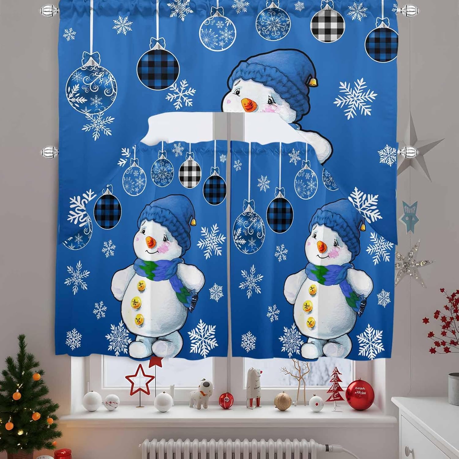 Christmas Swag Kitchen Curtain Sets with Valance,3 Pieces Rod Pocket Curtain Drapes for Bedroom Living Room Bathroom Windows,Winter Blue Snowman Fantasy Snowflake Plaid 56''x36'' & 24''x27.5''x2Panels