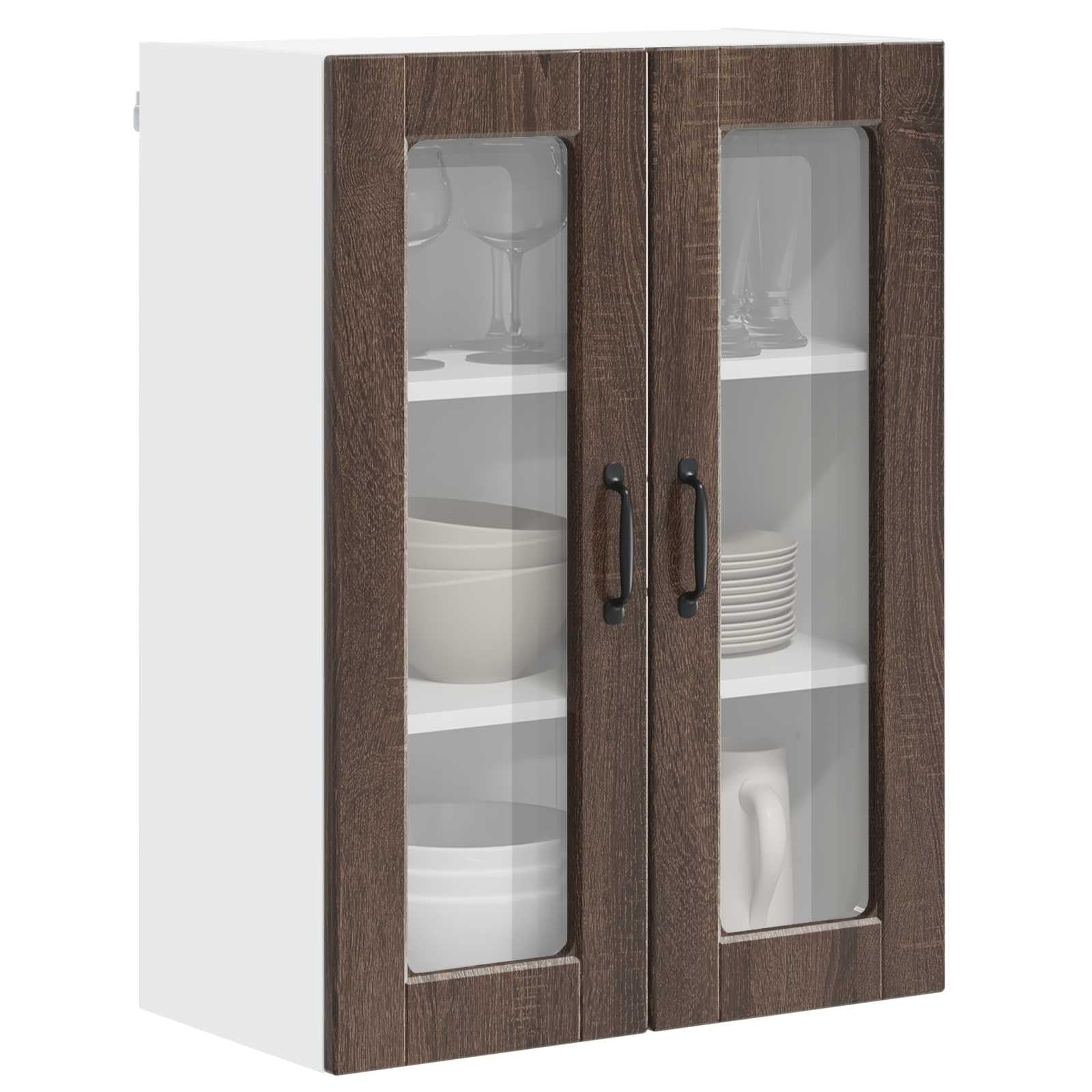 vidaXL Wall Glass Cabinet PORTO Brown Oak 60 x 31 x 80 cm, Modern, Durable Wooden Kitchen Cabinet, Wall-Mounted Storage, Compact Design, Functional Organization, Engineered Wood Furniture