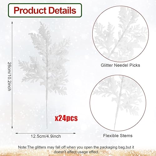 Miniatura 2 de FOIMAS 24 agujas de pino artificiales con purpurina, ramas florales de Navidad, ramas falsas de ramitas florales, aerosoles para coronas de árbol de