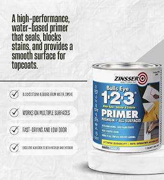 Zinsser Bulls-Eye 1-2-3 White Water-Based Styrenated Acrylic Primer Paint and Sealer 1 qt Bundle with Linzer Paint Roller Kit Stain Blocking, Surface Sealing & Smooth Application Gift Set (2 Items)