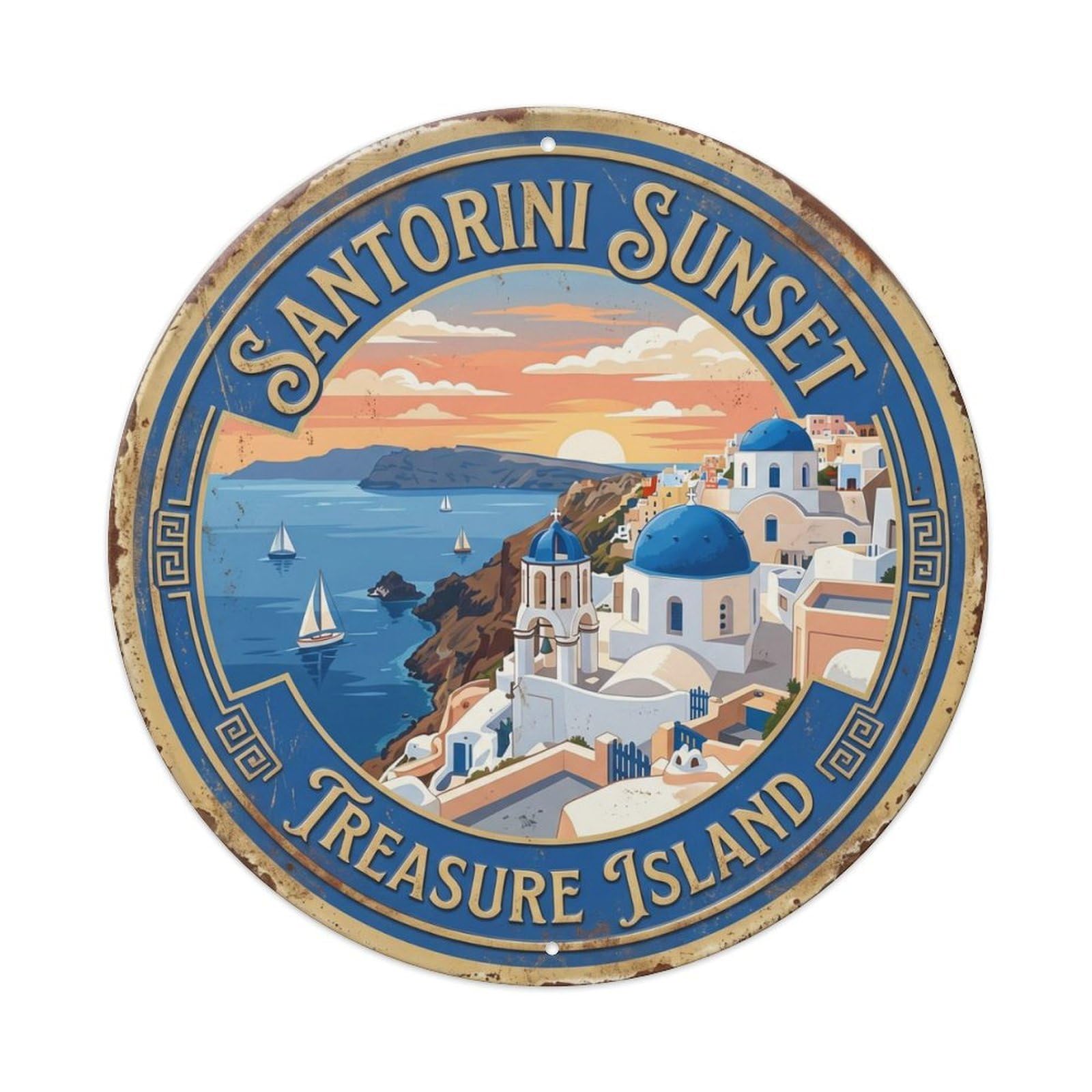 Santorini Sunset Treasure Greece Island Metal Tin Sign Plaque Wall Decor for Cafe, Club Bar, Office, Home Garden Round Metal Poster 8x8Inch