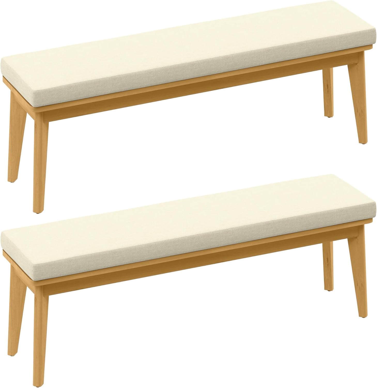 Backless Patio Bench, Acacia Wood Dining Bench with Cushion for Outdoor Porch, Backyard, Garden, Lawn, Beige