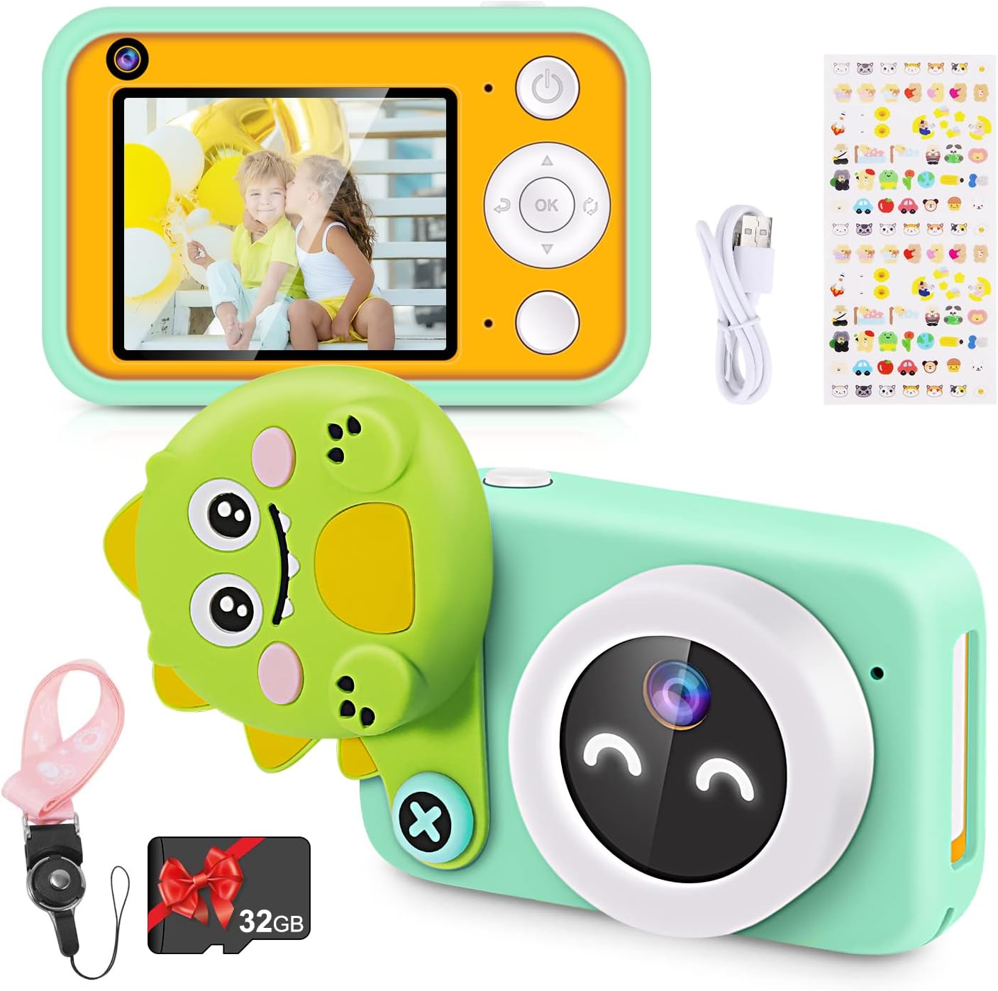 RenFox Kids Camera, 2.4" 16MP Dual Lens Selfie Camera1080P HD Digital Video Camcorder, Toys and Birthday for Boys Age 3-10, Toddler Beginner Camera with 32GB SD Card - Green