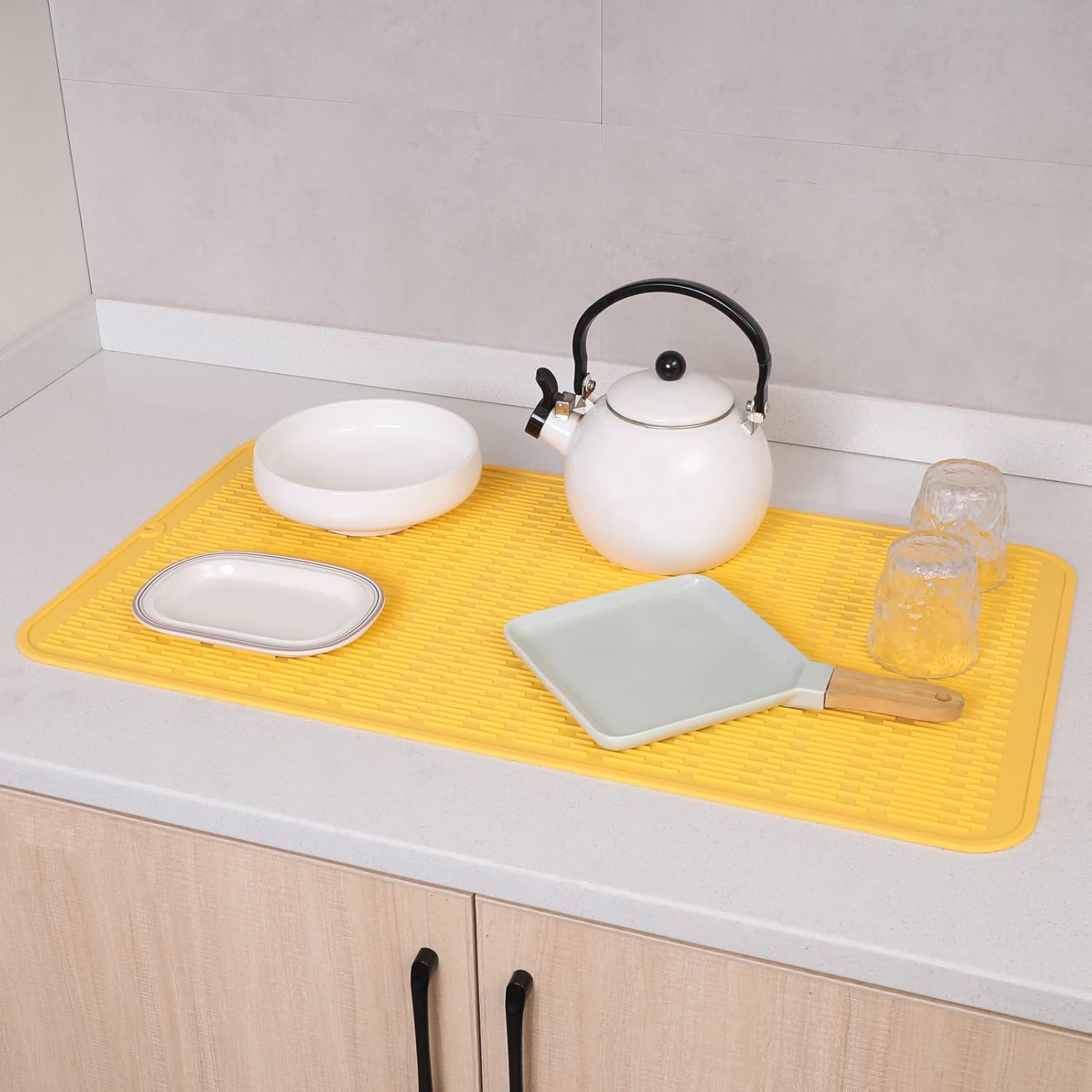 MicoYang Silicone Dish Drying Mat for Multiple Usage,Easy clean,Eco-friendly,Heat-resistant Silicone Mat for Kitchen Counter or Sink,Refrigerator or Drawer Liner Yellow 4XL 32 inches x 18 inches