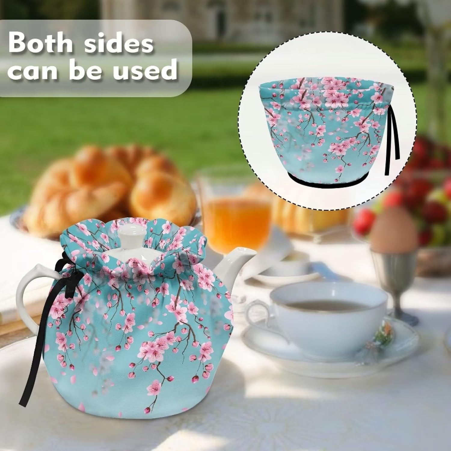 Suobstales Cherry Blossom Print Tea Cozies for Teapot, Portable Kettle Cover Tea Kettle Quilt Tea Cosy Cotton Kettle Tea Pot Cover Dust Proof Insulated Keep Warm, Blue