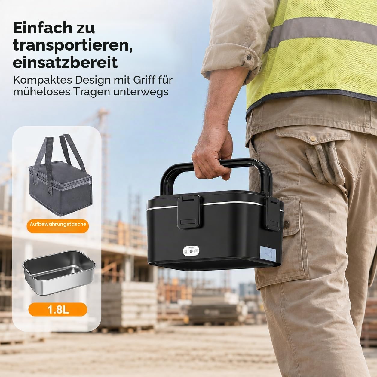 Elektrische Lunchbox 120W 1,8L 12V/24V/230V für Auto/LKW/Büro Auslaufsicher | Herausnehmbarer Edelstahl-Innenbehälter, Leicht zu Reinigen, Inklusive Gabel & Löffel, 0,45L Obstbox, Tragbar für Unterwegs