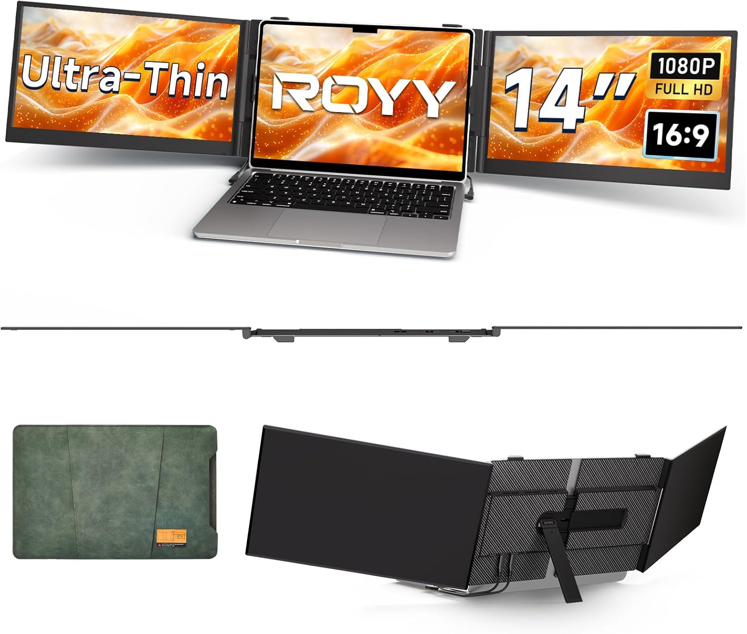 ROYY Laptop Screen Extender 14" Ultra-Thin Portable Triple Monitor FHD 1080P IPS Attachment Extended Extra Screen USB-C HDMI Port Compatible with Wins Mac Dex Chrome Travel Work Fits 13.3"-17" Laptops