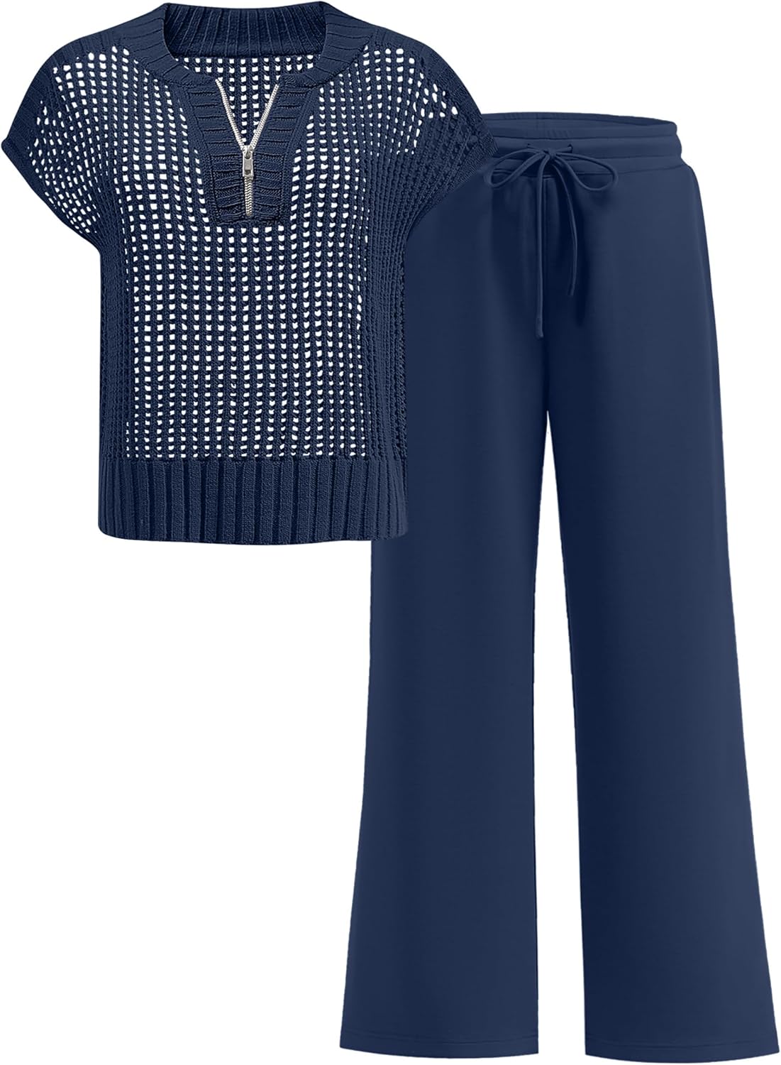 ANRABESS Womens 2 Piece Outfits Crochet Knit Half Zip Sweater Top Wide Leg Pants Summer Lounge Matching Sets Travel Clothes