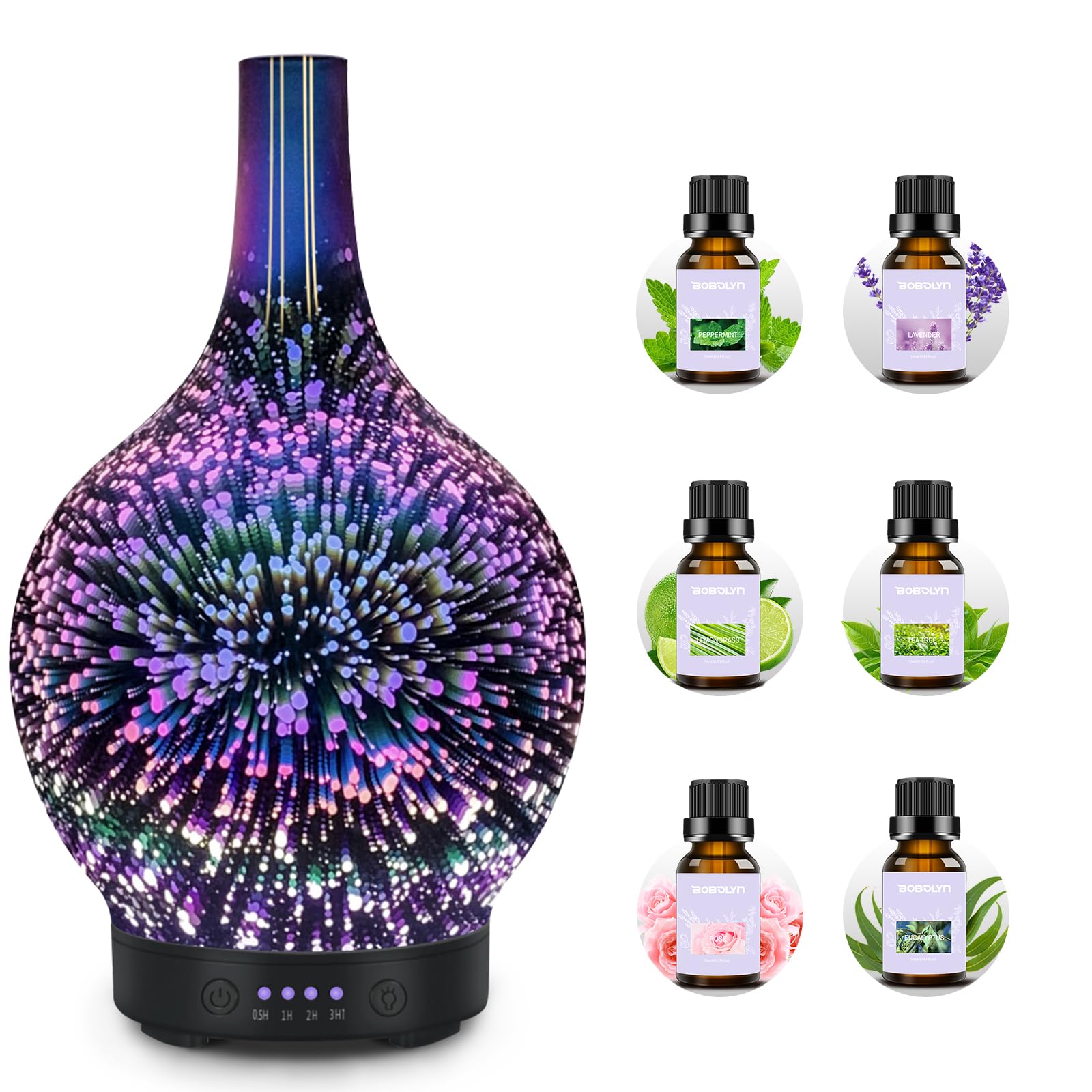 Essential Oil Diffuser Electric Aromatherapy Diffuser with 6 Essential Oil Set 3D Firework Glass Ultrasonic Aroma Diffusers Waterless Auto Shut-Off with 7 LED lights for Home Office Yoga Gift 120ml