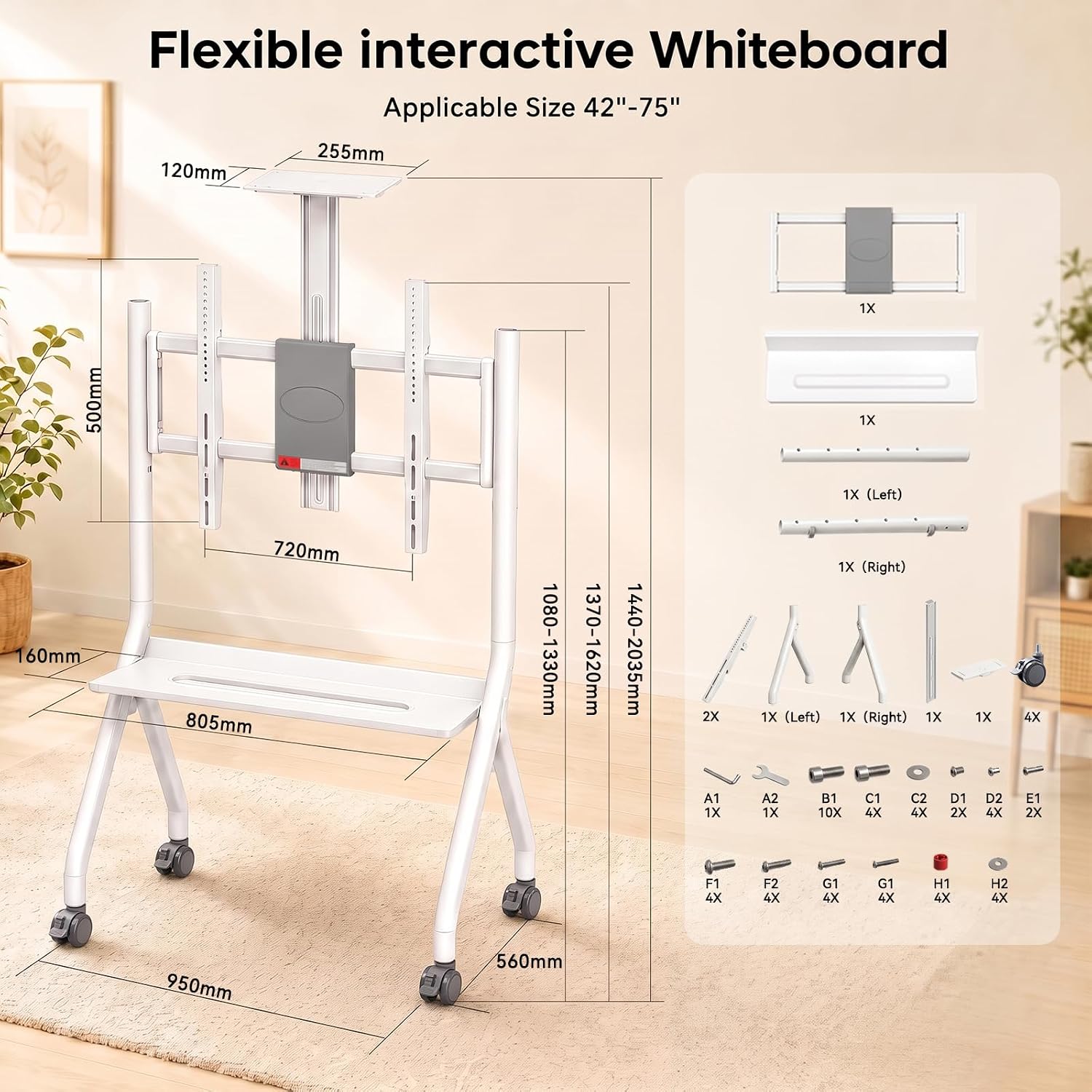 Mobile Smart Board Stand for Interactive Whiteboard 42-75 Inch, Lockable Wheels, Height Adjustable Stand, Easy Move, Stable, Holds up to 176lbs, for Office Classroom Home(White) image 4