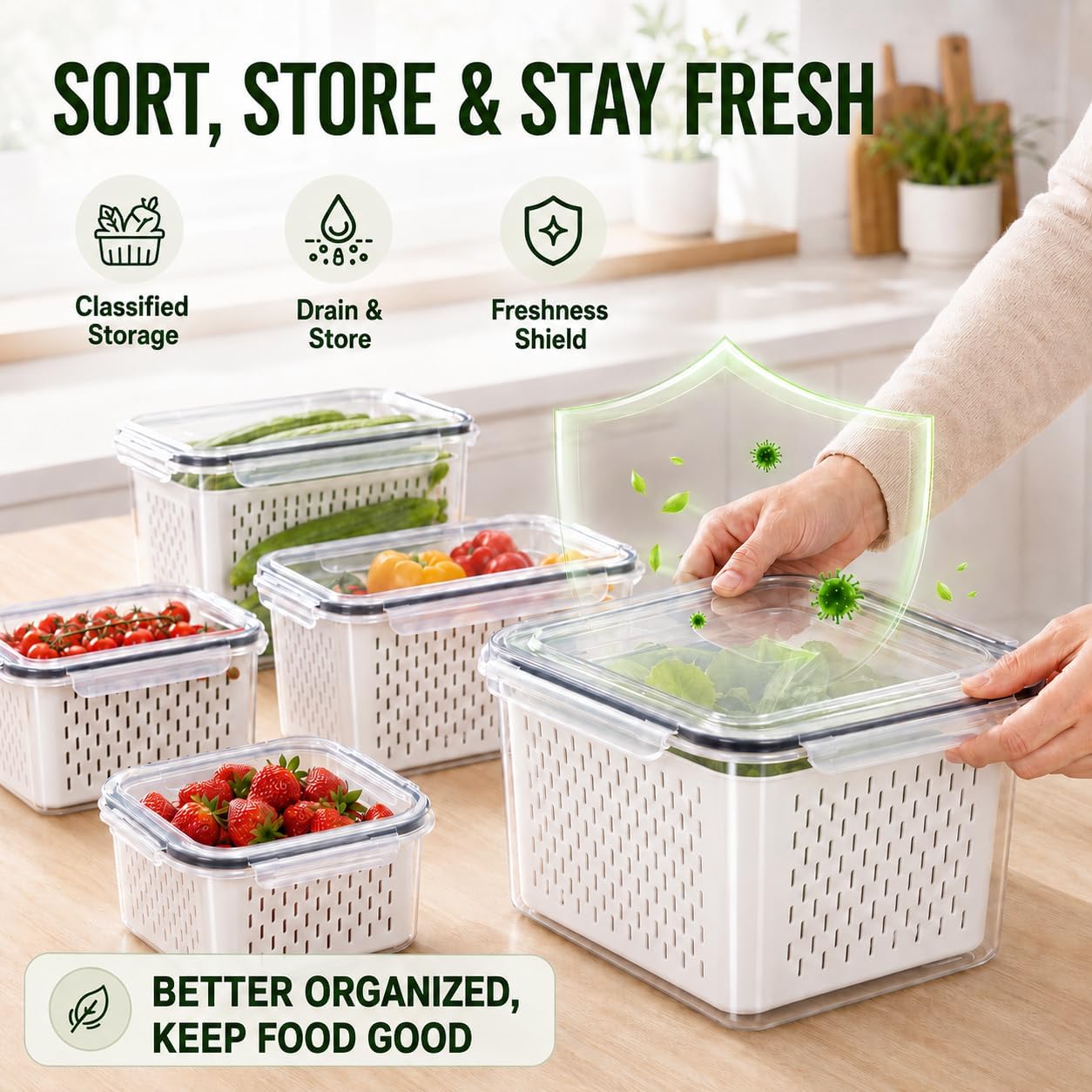 8 Pack Fruit Storage Containers for Fridge with Removable Colander and lids