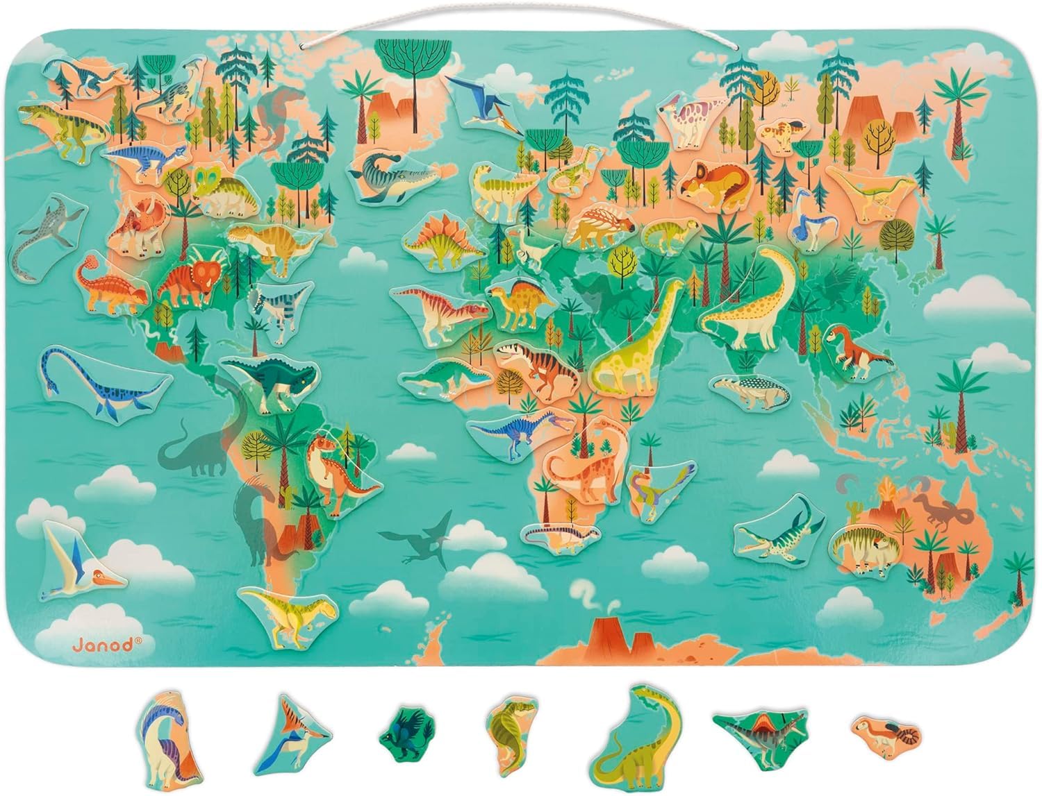 Janod - Planisphère Magnétique Dino - 50 Magnets Dinosaures + 1 Plateau + 1 Poster Modèle - Jeu Éducatif Enfant - Dès 7 Ans, J05836