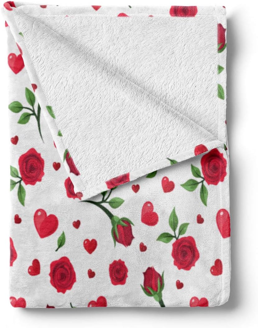 Lunarable Roses Throw Blanket, Valentine's Day Themed Composition with Roses and Big Little Hearts, Flannel Fleece Accent Piece Soft Couch Cover for Adults, 50" x 60", Dark Coral Green White