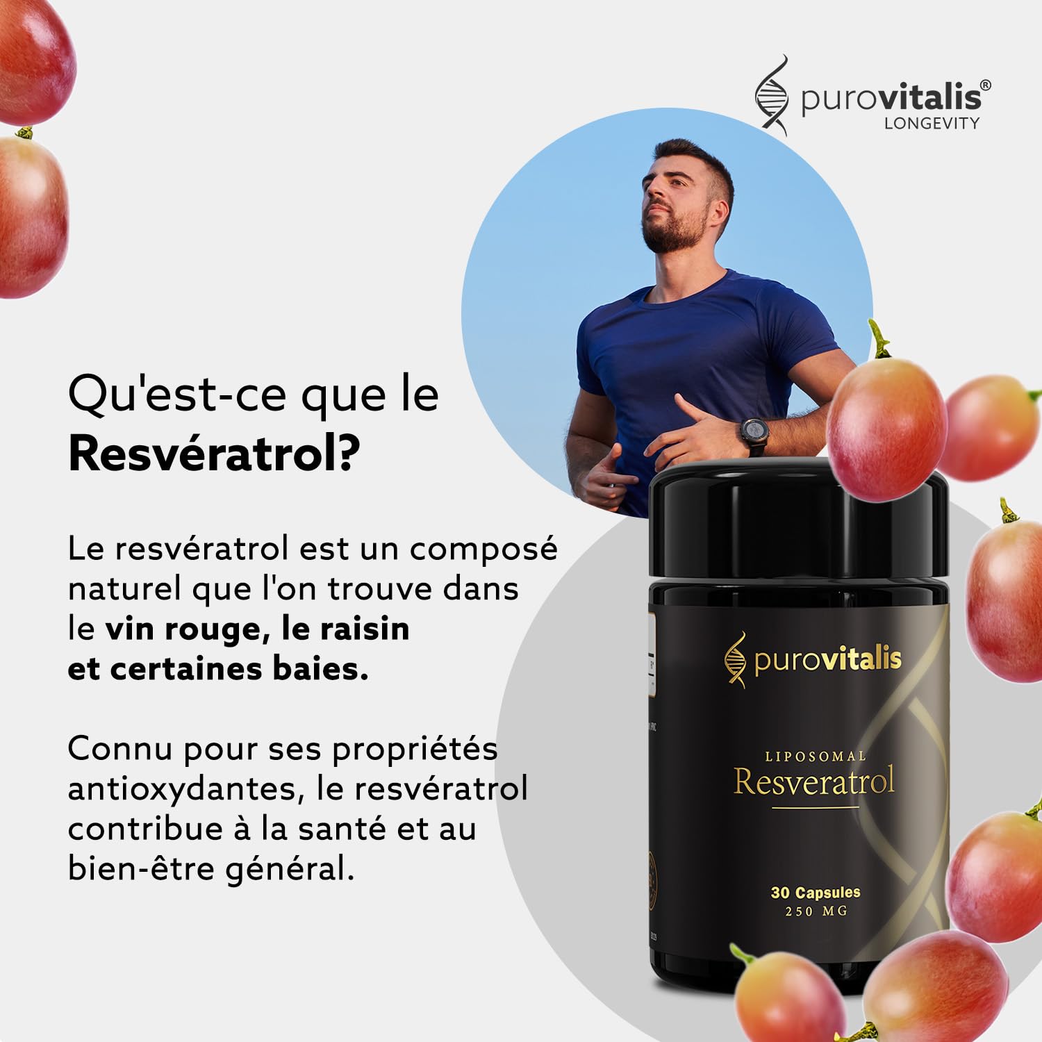 PUROVITALIS Resvératrol liposomal 250mg, 30 portions (30 gélules végétaliennes), supplément antioxydant trans-resvératrol de haute pureté