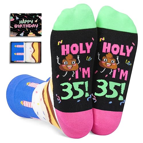 HAPPYPOP Funny Birthday Gifts - 35th & 40th Birthday Socks for Women & Men - Holy I'm 35 White & Green