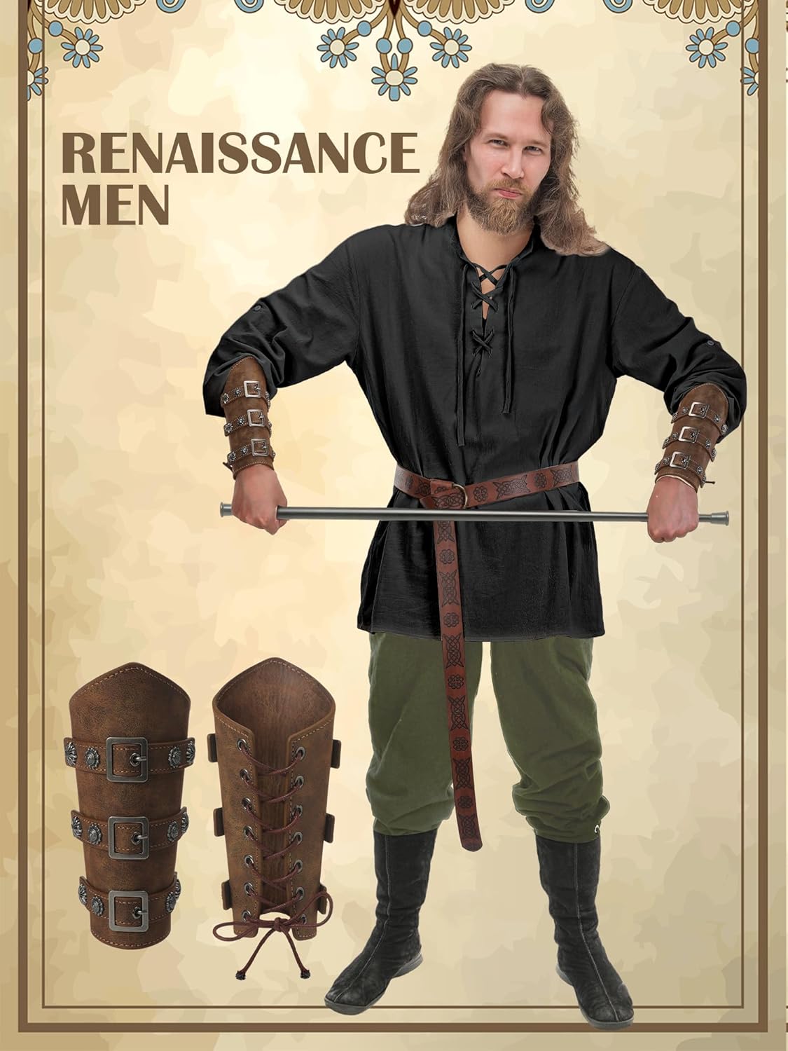 Jiuguva 4 Pcs Halloween Men's Renaissance Costume Set Medieval Pirate Shirt Ankle Banded Pants Viking Belt Accessories - Image 4