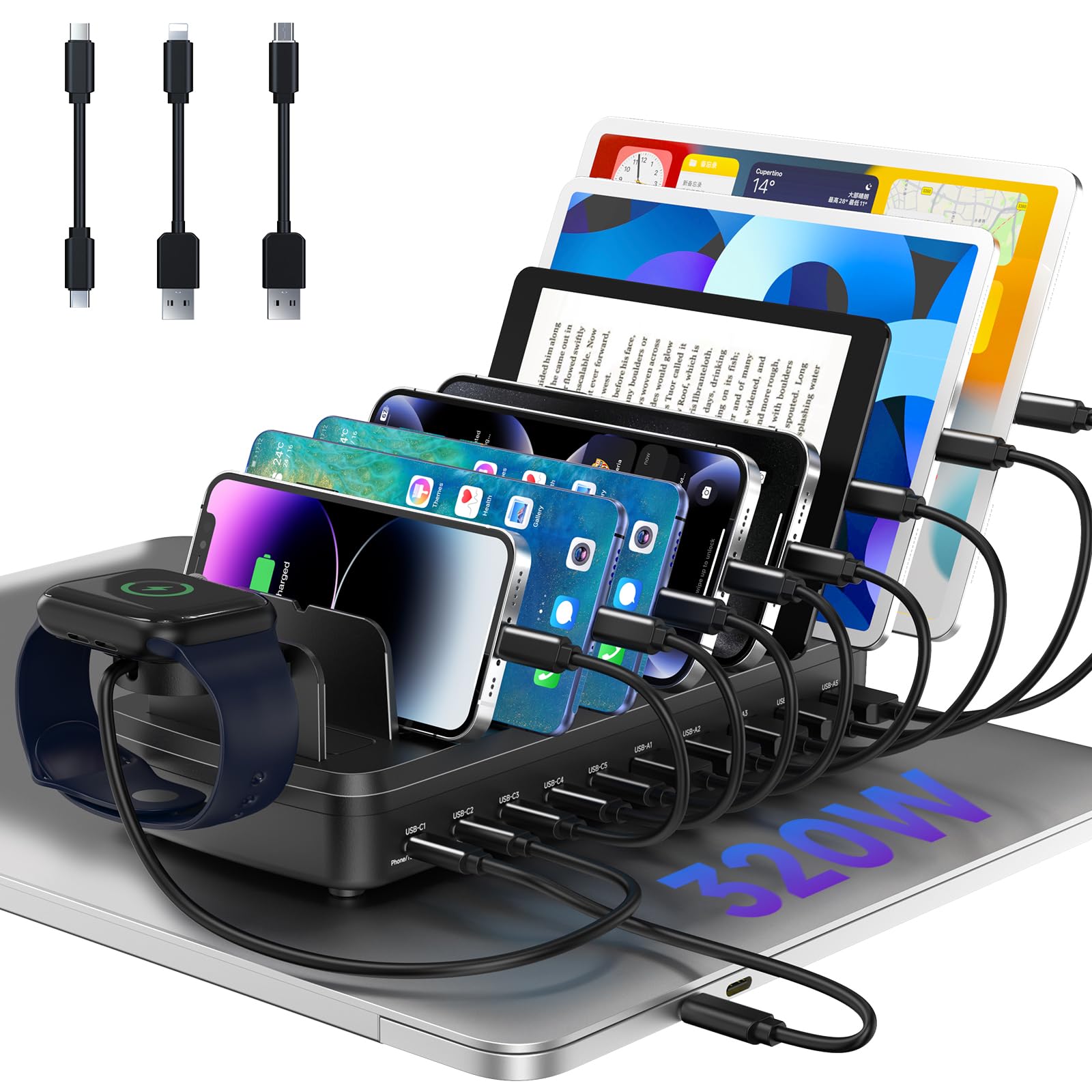 Stazione di ricarica da 285 W per più dispositivi, 10 porte, caricatore veloce multi-dispositivo organizer compatibile con MacBook Pro Laptop, iPhone, Android, iPad, tablet, Kindle, dock di ricarica