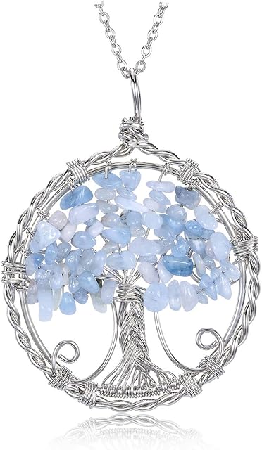 JOVIVI 7 Chakra Tree of Life Healing Crystals Gemstones Pendant Necklace Natural Stone Rainbow Quartz Silver Wire Wrapped Necklace Jewellery for Women Girls Gifts