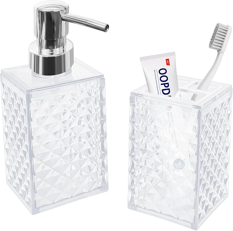 2PCS White Bathroom Accessories Set, Soap Dispenser & Toothbrush Holder | Lightweight plastic, rust-proof pump, boho style, 50% more durable, easy refill, vanity decor, countertop organizer