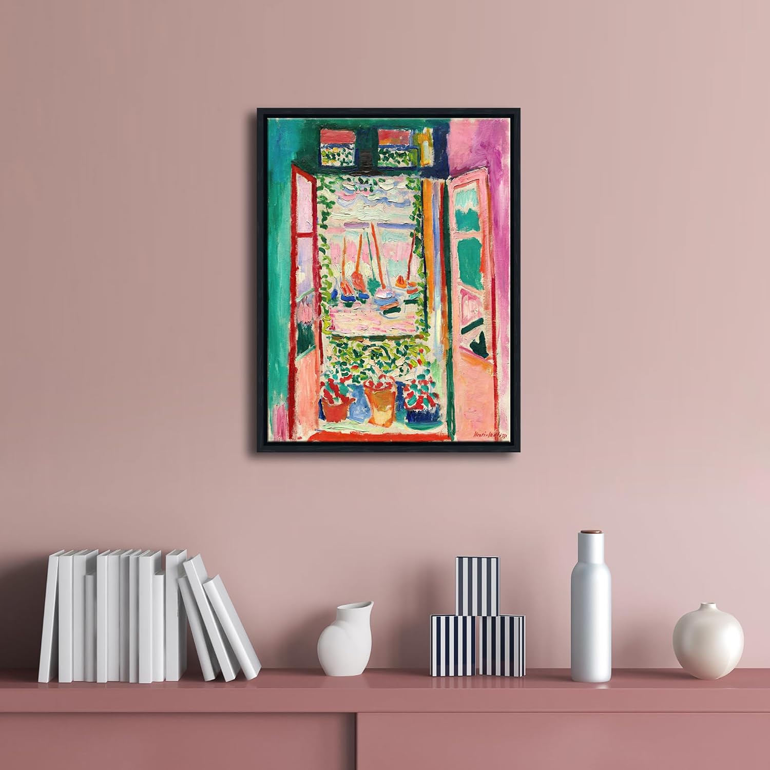 Wieco Art Framed Canvas Print Wall Art Open Window Collioure 1905 by Henri Mattise Abstract Colorful Art Matisse Posters Canvas Prints for Wall and Home Decorations Black Frame