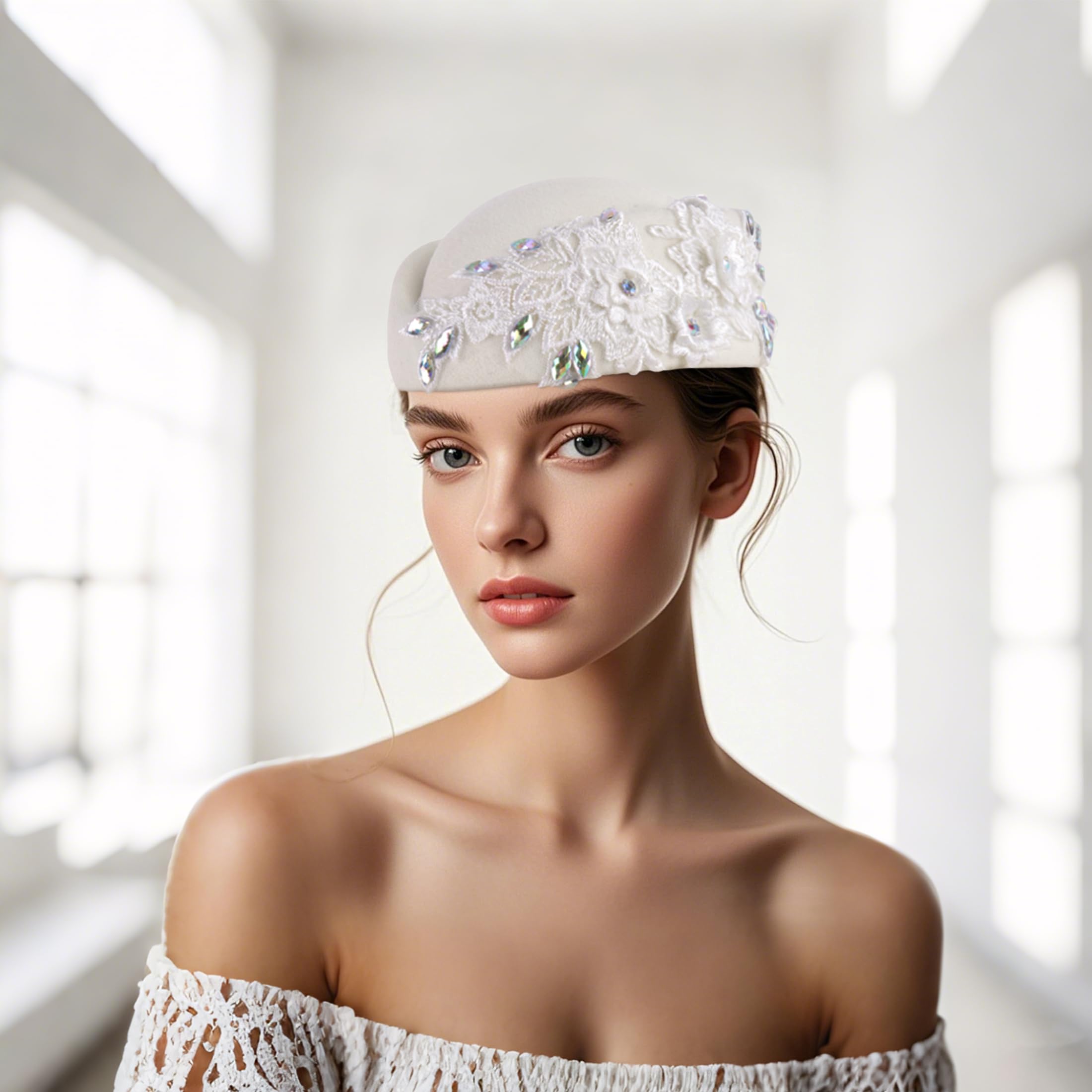 European and American retro British felt headscarf hat women's church derby headdress with floral women's soft beret (White) - Image 3