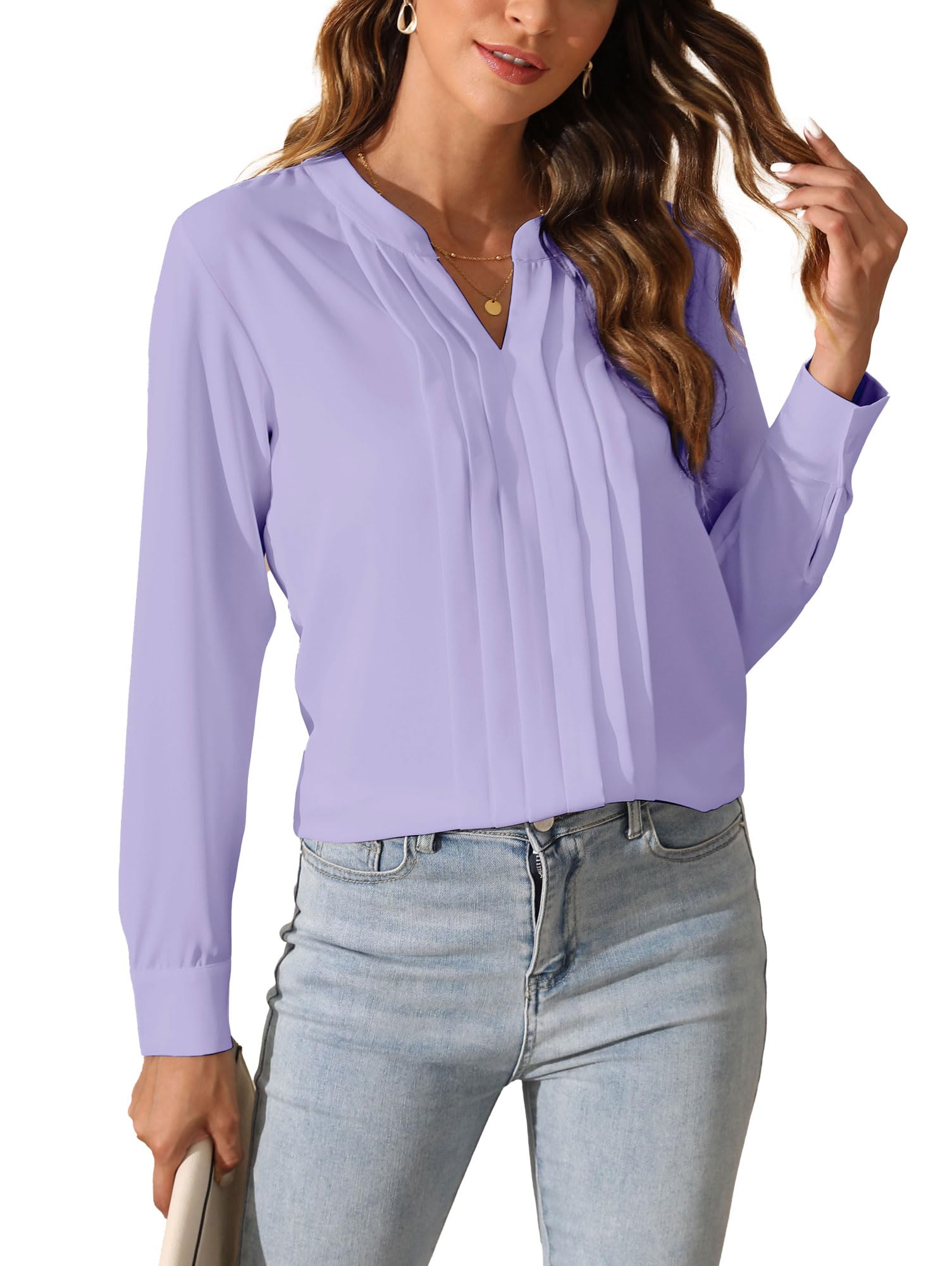 SPRING SEAON Damen Elegant Bluse Langärmliges V-Ausschnitt Jacke für Freizeit und Büro，Faltendesign vorne Chiffon Hemd