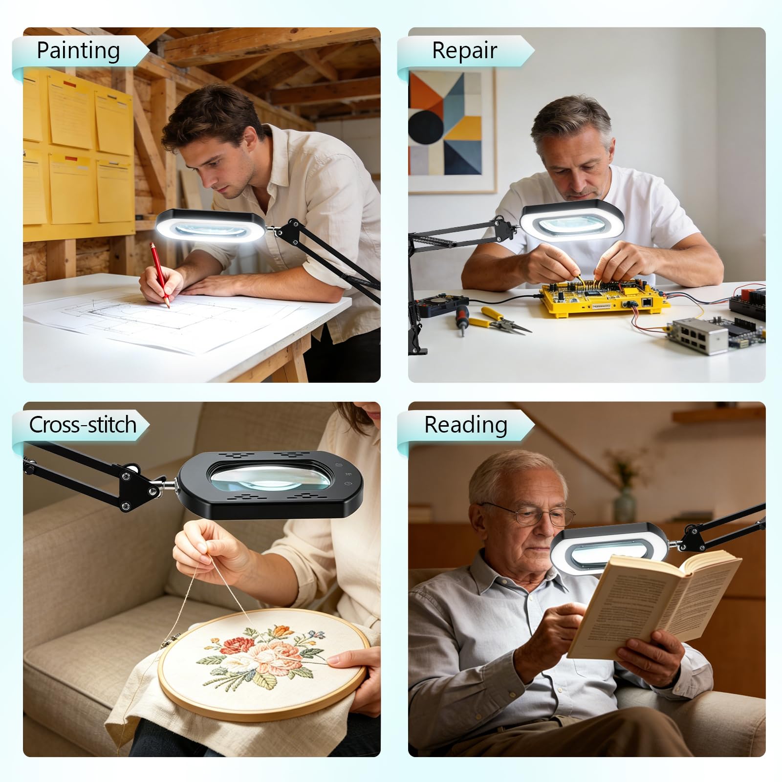 15X Lupe mit Licht und Ständer, 3-in-1 Standlupe, Lupenlampe mit 5 Farbmodi, Stufenlos Dimmbar, 60 LED, Stabiler Metallständer, Große Flexible Schwenkarm Lupenleuchte für Senioren, Hobbys und Basteln