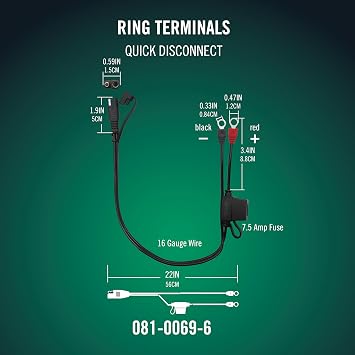 Battery Tender Ring Terminal Harness Accessory Cable - 18 inch Cord Adapter with SAE Quick Disconnect - Easy Quick Convenient for Motorcycles, Cars, ATVs and More - 081-0069-6