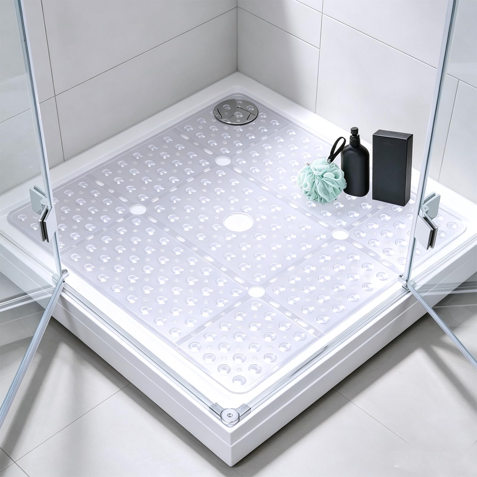 ZOKBOM Square Shower Mat Non Slip 70x70cm | Extra Large Shower Mats for Inside Shower with Suction Cups & Drain Holes | Anti Mould Bath Mat for Bathroom, Transparent, Machine Washable (Clear White)