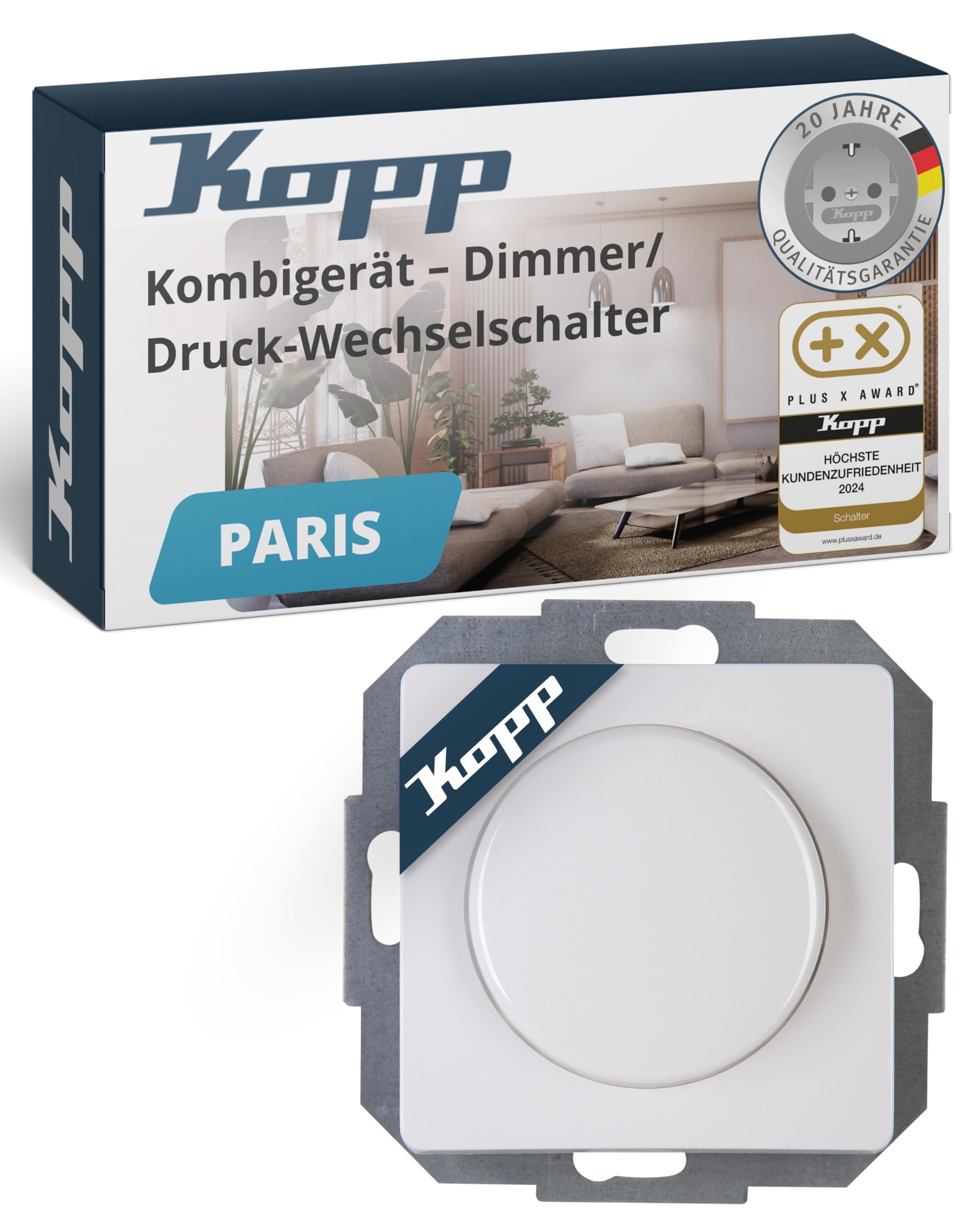Kopp PARIS Druck-Wechselschalter-Dimmer mit Drehknopf – Arktis-Weiß